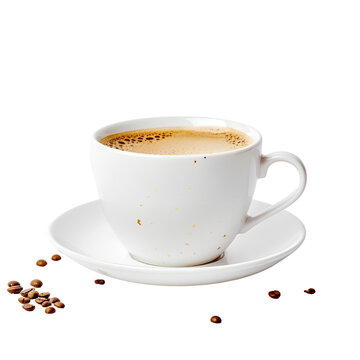 Full white coffee mug on a tumbler with coffee beans on the floor,  on a transparent background
