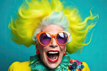 Joyful woman wearing a vibrant neon ensemble, playful sunglasses, and a flamboyant fashion sense, exuberantly laughing and beaming, striking trendy poses in a studio. - obrazy, fototapety, plakaty