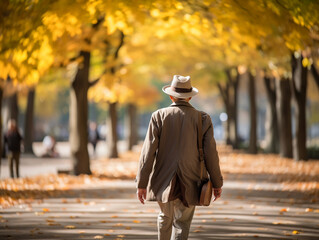 公園を歩くシニアの後ろ姿