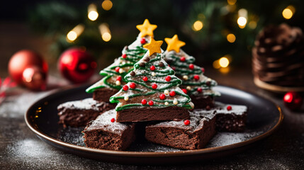 Chocolate brownies Christmas tree with chocolate ici, generative ai - obrazy, fototapety, plakaty