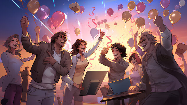Characters come together in a virtual Tele-Treasure celebration, expressing their gratitude and excitement as they celebrate the successful conclusion of the giveaway in the Telegram community