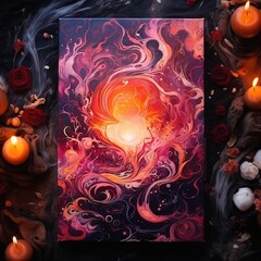 Obraz premium Mockup for a fantasy book with hot hot paint passionated burning a few candles Generative AI