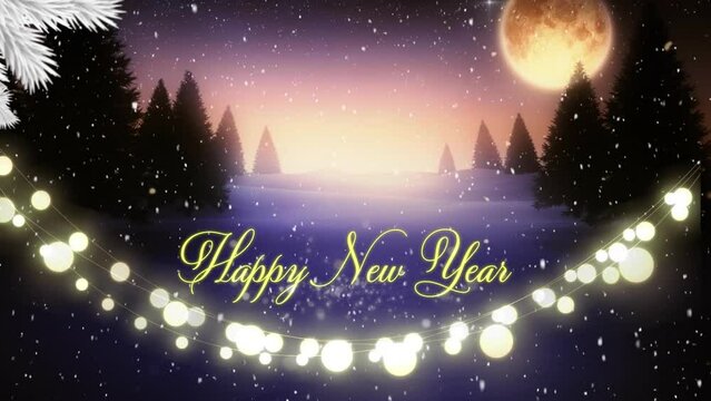 Composite of happy new year text with fairy lights and winter scenery