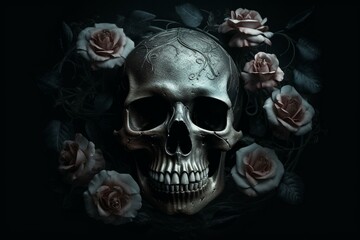 Mysterious skull surrounded by black roses, depicting dark and moody artwork. Generative AI