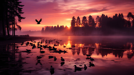Naklejka premium Birds resting by the lake at sunset.