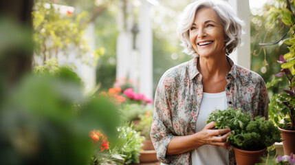 Shot of happy senior woman taking care of her plants while looking at camera in her greenhouse - obrazy, fototapety, plakaty