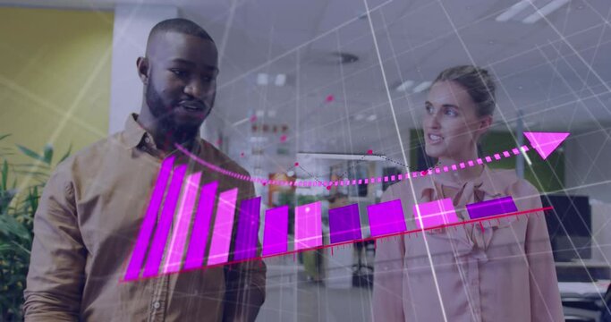 Animation of arrow on bar graphs over diverse coworkers discussing while walking in office