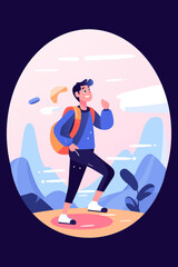 Young man with backpack hiking in the mountains. Flat vector illustration.