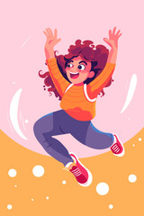 Cute happy girl jumping. Vector illustration in cartoon style on pink background.