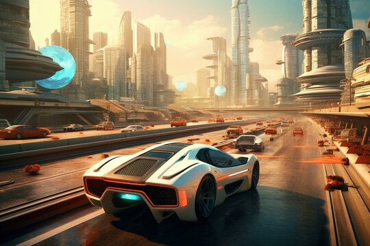 a car driving through a futuristic city. Generative AI