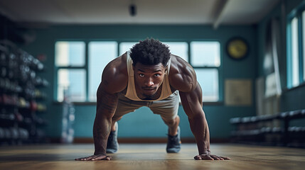 Athlete doing push up in a gym. - obrazy, fototapety, plakaty