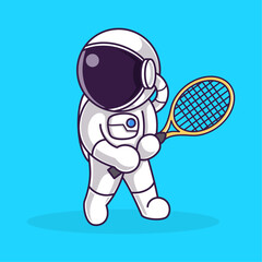Little Cute Astronaut Kids Playing Tennis. Cartoon Illustration Design. Isolated Premium Vector File, background is easy to edit. Can use for Icon, Logo, banner, flyer or any design project