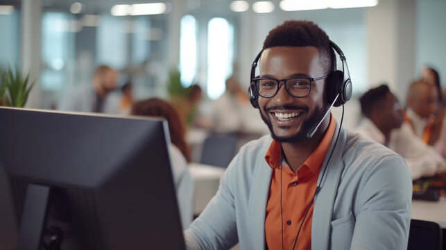 Young African american man telemarketer or call center agent with headset working on support hotline in modern office.