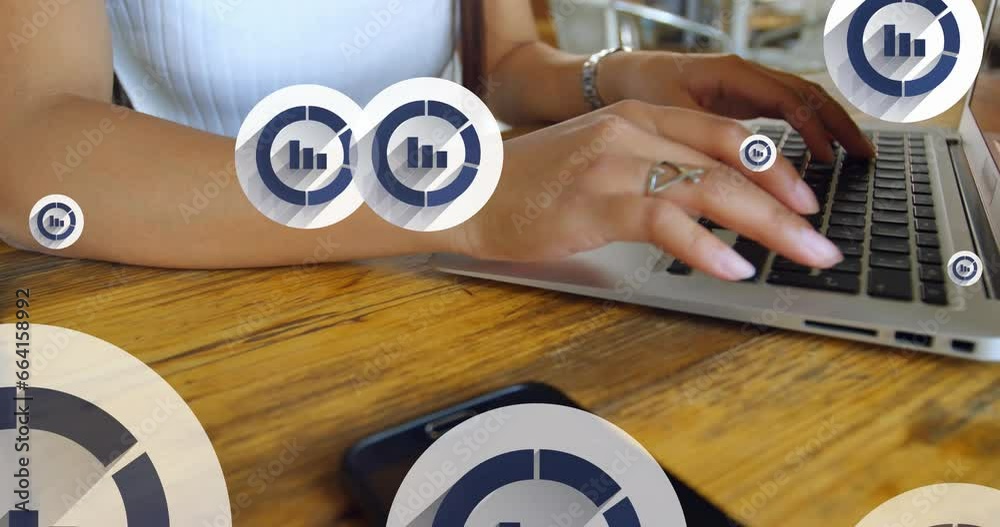 Sticker Animation of graph icon in circles over midsection of caucasian woman working on laptop