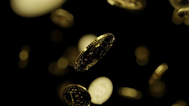 Focus on a single bitcoin in the air