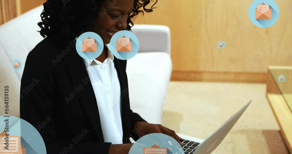 Poster Animation of letter and envelope icons in circles, african american woman working on laptop