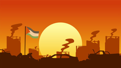 Palestine landscape vector illustration. Silhouette of ruined city in sunset with palestine flag. Palestine illustration for background, wallpaper, issue and conflict