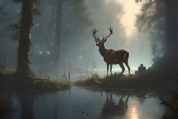 dawn,forest,sing,Fog,
windless,deer,animals
brilliant,fairy.
summer,lake,Generative AI