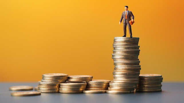 Business and finance concept. A miniature businessman standing on top of stack gold coins.