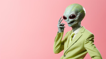 Image of an alien business man. Humanoid from an other planet portrait on studio background.