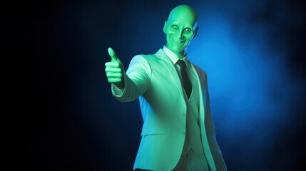 Image of an alien business man. Humanoid from an other planet portrait on studio background.