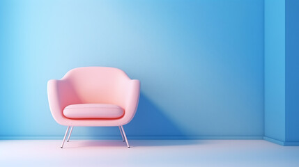 One pink chair against a blue wall with copy space.