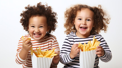 Children eating french fries or potato chips. - obrazy, fototapety, plakaty