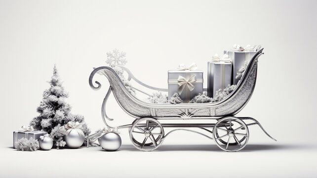 キラキラとしたシルバーのソリにプレゼントが積んである。ソリの横にはシルバーのクリスマスツリーとプレゼントが飾られている。