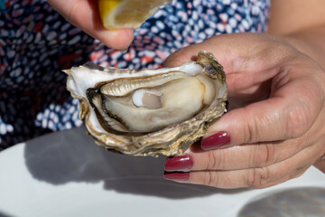 Eating of fresh live oysters at farm cafe in oyster-farming village, Arcachon bay, Cap Ferret peninsula, Bordeaux, France
