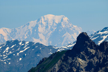 View on white snowy top of Mont Blanc highest mountain in Alps and Western Europe from mountain...