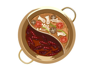 Hot pot. Isolated two flavour hot pot soup on white background. Top view chalu pot vector illustration.Spicy soup with red chillies and mushroom soup in golden brass pot. Authentic Asian food vector.
