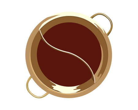 Plain hot pot. Isolated two flavour hot pot soup on white background. Top view chalu pot vector illustration, golden brass pot separated two side for soup.Kitchen ware, anime cooker.