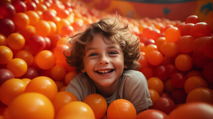 Fototapeta na wymiar Fun kids at the playground. Cute and happy boy smiling playing with a colorful balls.