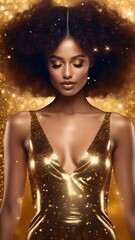 portrait of a woman in gold dress with glitter
