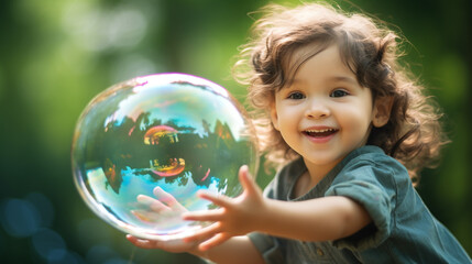 Cute and happy little girl playing with bubbles.