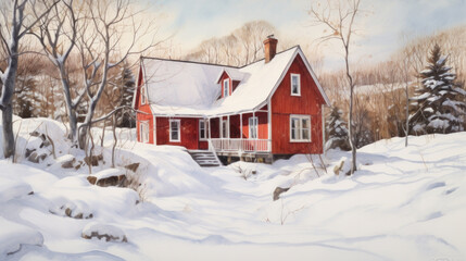 Winter Tale. Red Finnish cottage in a beautiful snow forest.