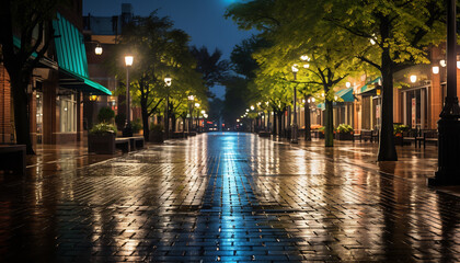 sidewalk at night after rain with wet streets - obrazy, fototapety, plakaty