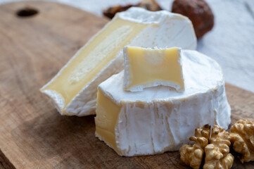 Cheese collection, French cheese from Normandy region, heart-shaped neufchatel close up