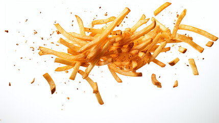 Falling french fries or potato chips isolated on white background. - obrazy, fototapety, plakaty