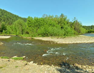 A sharp turn in the bed of a shallow rocky river flowing through a dense summer forest on a sunny morning.