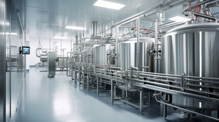Equipment dairy plant, milk factory industry. Stainless steel storage and processing tanks. - obrazy, fototapety, plakaty