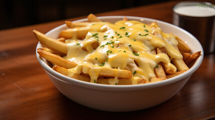 French fries with a melted cheese on the top in a bowl.