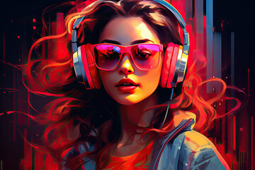 young woman in headphones with neon lights