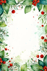 Fototapeta premium Aquarelle Christmas Card Design Holly and Ornaments Frame on White Canvas, Classic Red and Green Color Palette 
