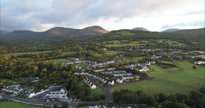 Village town of Kenmare, Ireland by Ring of Kerry - Aerial at Sunset