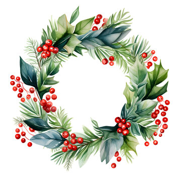 Whimsical watercolor wreath with holly and ornaments on white canvas, classic red and green
