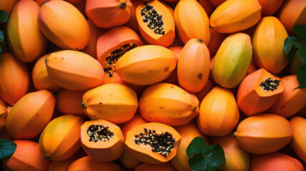 Top view full frame of whole ripe papaya placed together as background. - obrazy, fototapety, plakaty