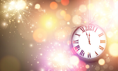 Naklejka na ściany i meble Happy new year 2024 hanging countdown clock on golden abstract glittering background with blurred sparkles and fireworks.