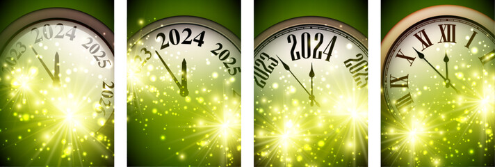Happy new year 2024 countdown clock on golden and green abstract glittering background with fireworks and blurred lights. Set of cards. - obrazy, fototapety, plakaty