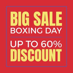 Illustration of big sale boxing day, upto 60 percent discount text on red background, copy space
